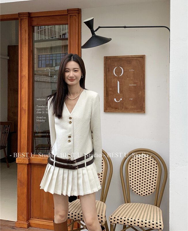 【BEST U】V-neck pleated dress (without belt) 60360# LSW