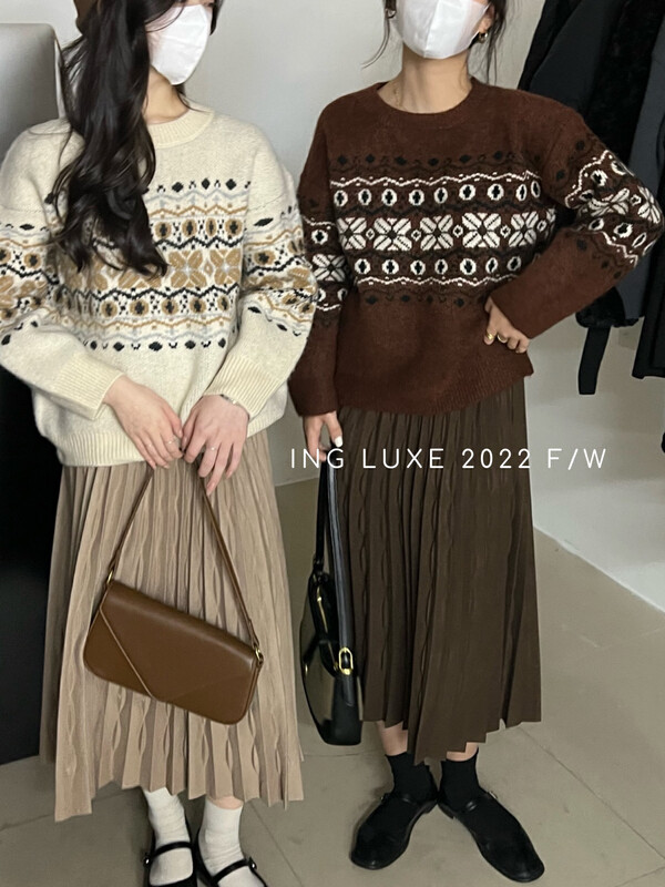 【ING】Vintage jacquard pullover sweater w5006