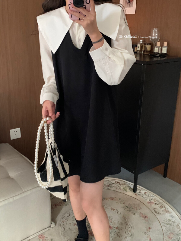 [B Plus] Early autumn age-reducing doll collar splicing fake two-piece dress 22-9967-2