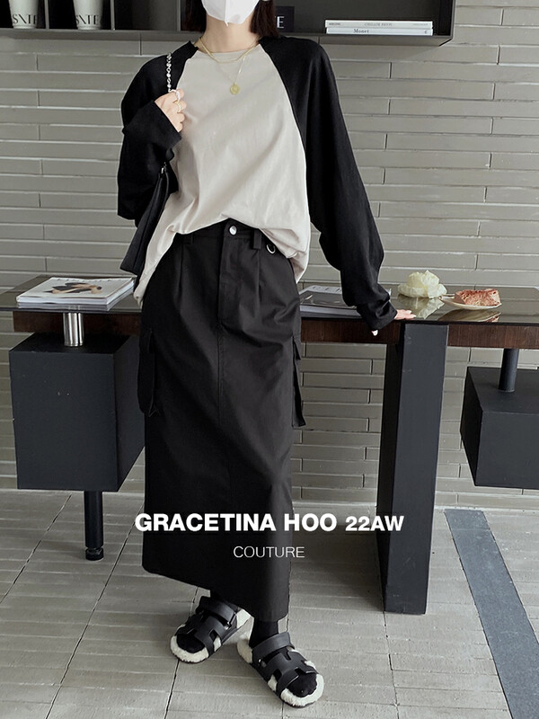 [GRACETINA HOO] Niche three-dimensional raglan sleeves hit color stitching long-sleeved T-shirt simple and versatile T2233-1