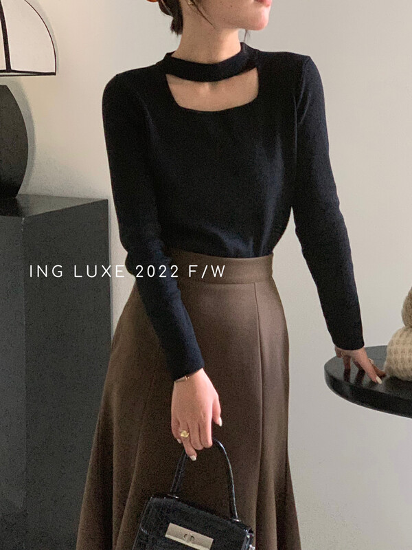 【ING】Western Style Slim Fit Showing Thin Clavicle Square Neck Halter Neck Knitted Warm Sweater w3996# FHX