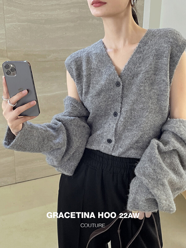 [GRACETINA HOO] Simple detachable sleeveless vest lazy loose inclusive wide-sleeved shawl suit 15 wool net red circle yarn Z992