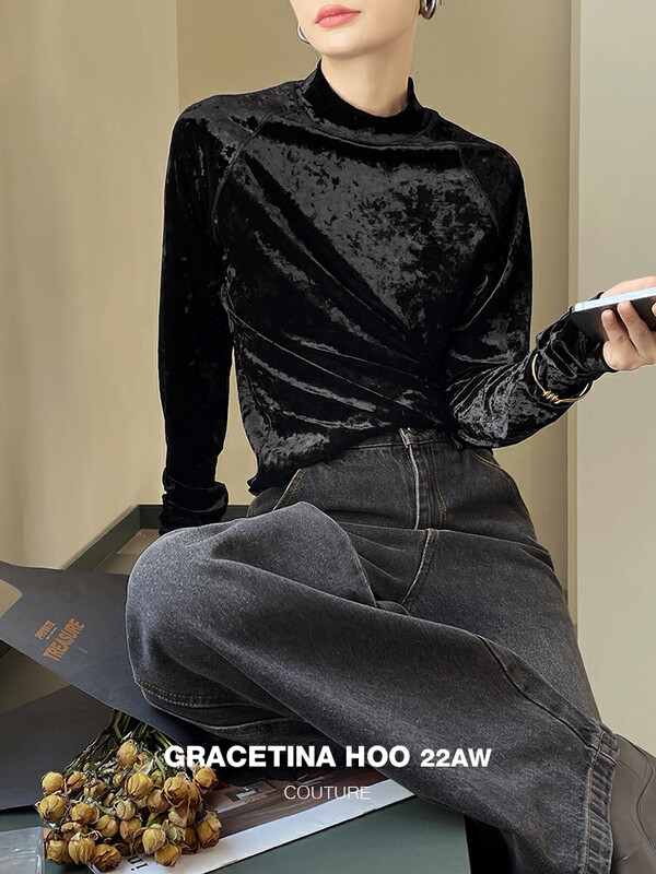 [GRACETINA HOO] retro all-match half-high collar with essential long-sleeved T-shirt texture velvet skin-friendly and thin T6247