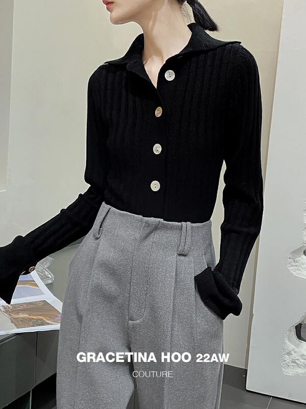 【GRACETINA HOO】Classic Lapel Custom Shell Button Decoration Lace-up Cuffs Knitted Cardigan Vertical Pit Strip Three-dimensional Slimming Z950