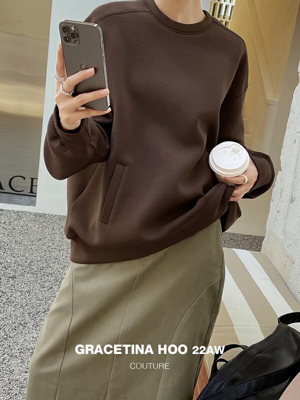 【GRACETINA HOO】Simple solid color lazy silhouette large pocket decorative sweater thickened warm air layer texture WY5063
