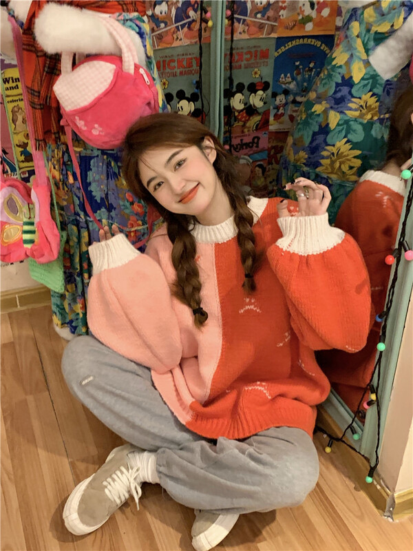 [Timely Rain] Korean style ins retro sweet round neck loose lazy smiling face warm sweater 50226# WPL