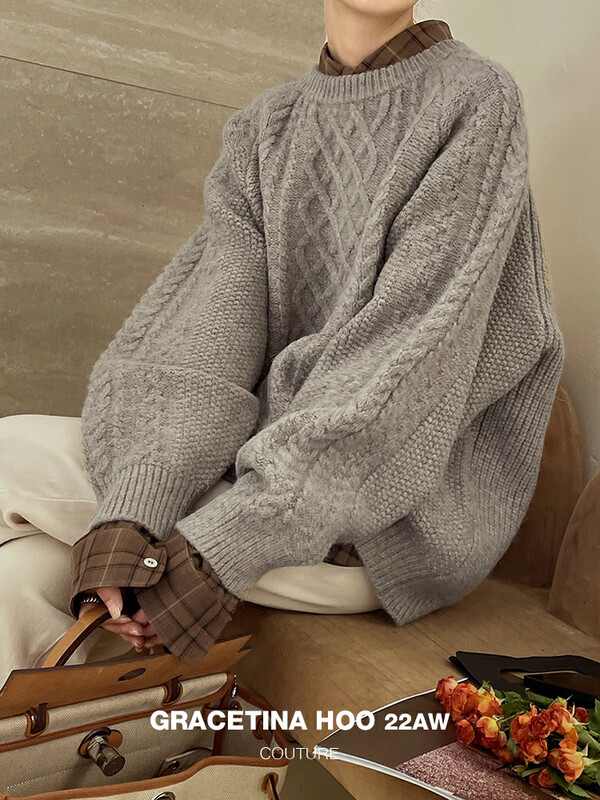 [GRACETINA HOO] Lazy all-match rhombus twist round neck ultra-loose sweater high-woven high-density imported plush Z969