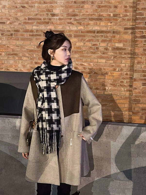 【Y.JIA】Korean Gentle and Versatile Slim Retro Temperament Design Splicing Contrasting Color Wool Coat Wool Coat 55063
