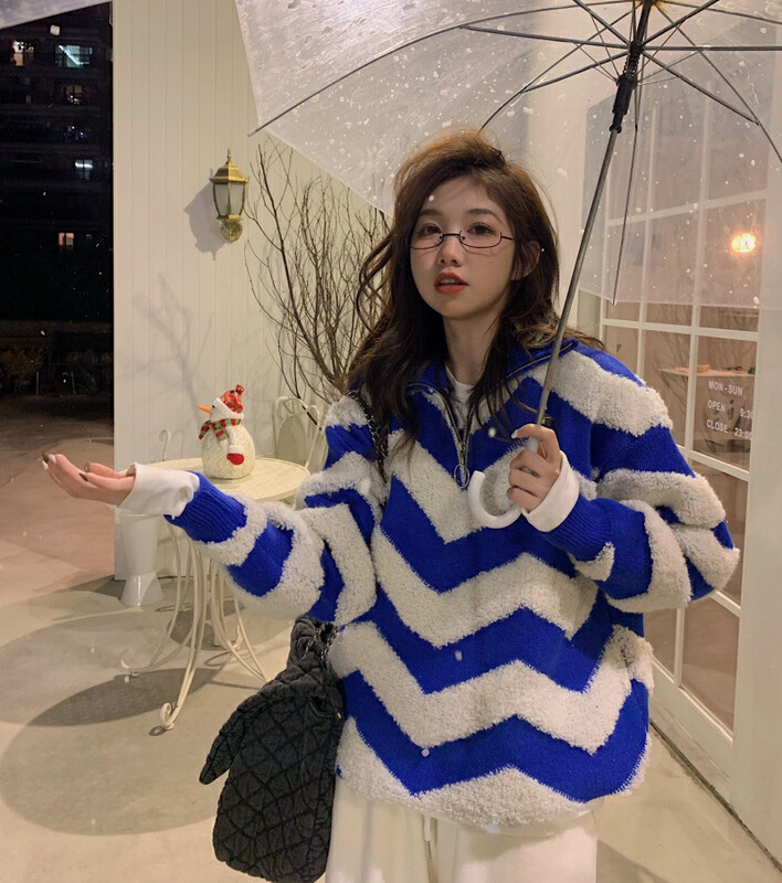[Timely Rain] Korean style ins wavy striped knitted lazy wind warm sweater 03756# WPL