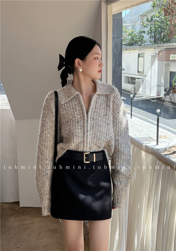 【TABMINI】Lapel collar zipper design warm sweater (with 8% wool) 15343-SA# LXC