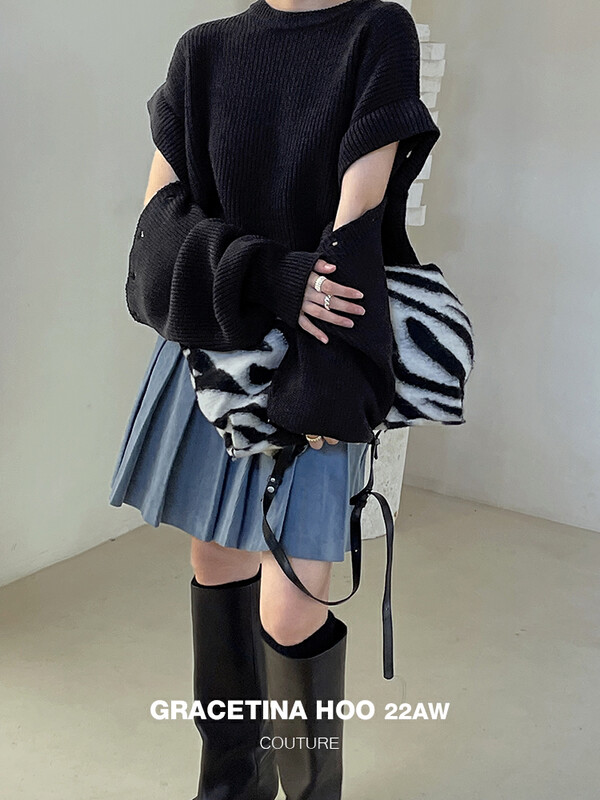 【GRACETINA HOO】Sleeves detachable irregular slit hem lazy loose warm sweater (15 wool warm skin friendly) Z822# CQW