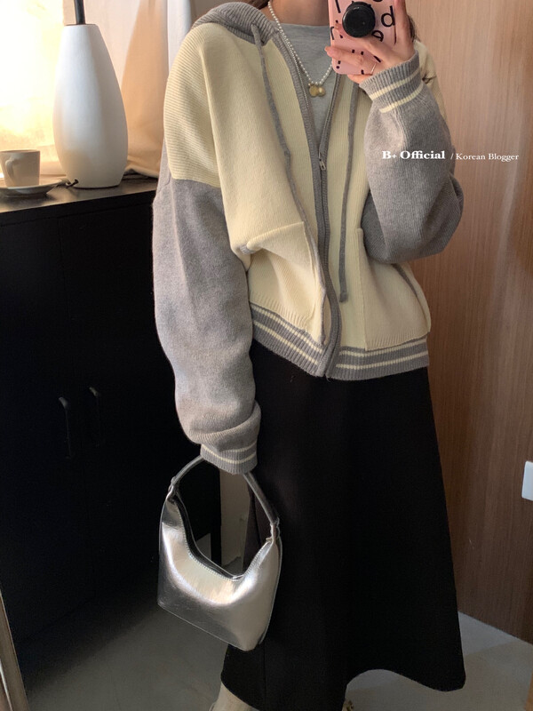 [B Plus] The same style of the Korean generation casual simple lazy contrast color hooded jacket sweater 22-8410-2