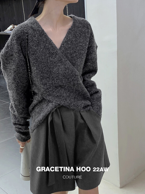 [GRACETINA HOO] lazy style loose cross V-neck wool sweater chaise circle hair Z946