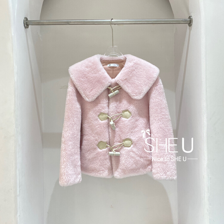 【SHE U】Large Lapel Australian Hair Horn Buckle Fur Wool Jacket 70088