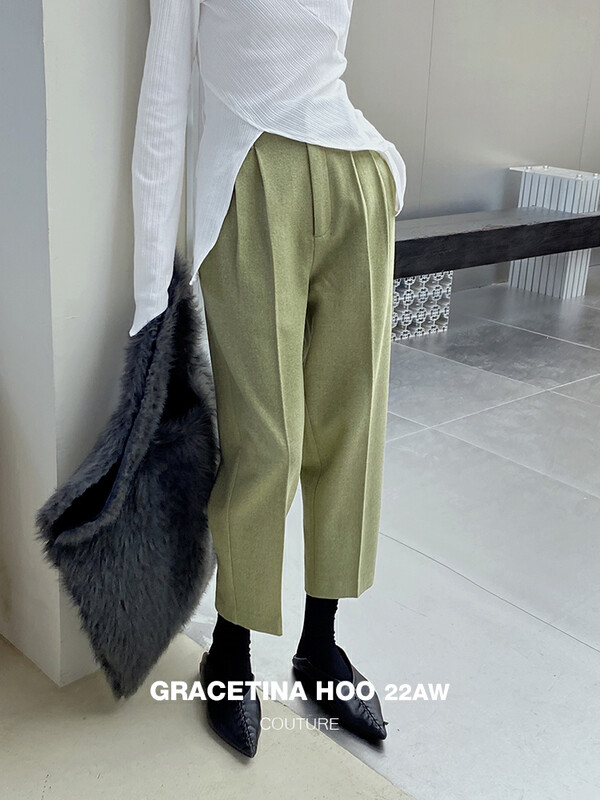 Original price 104.99! 【GRACETINA HOO】Simple design with vertical straight casual pants autumn and winter thickened warm wool pants K9307