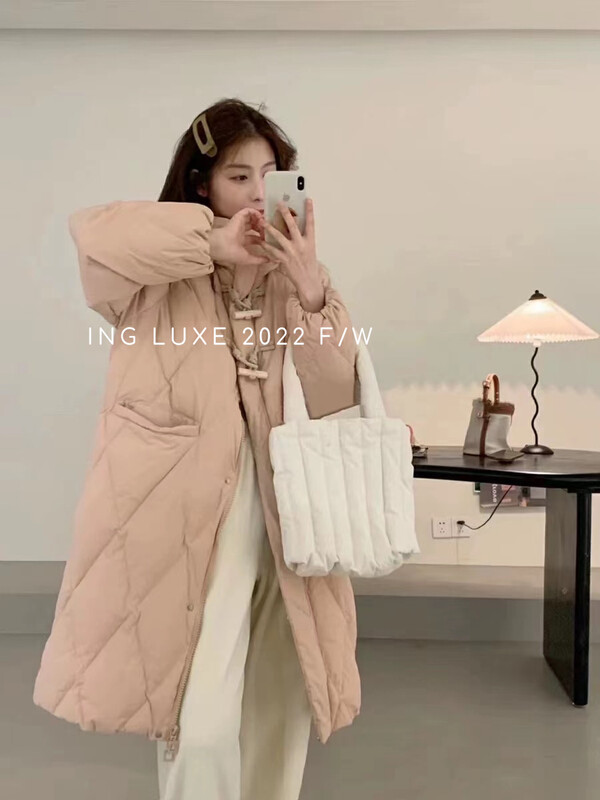【ING】Korean style hooded diamond mid-length down jacket (including 90 white duck down) ING-8391