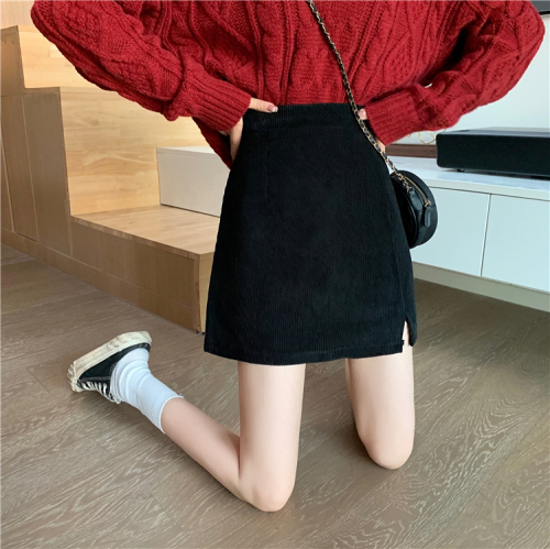 Fleece / female student short skirt autumn and winter new plus velvet thickened high waist bag hip slit A-line skirt skirt