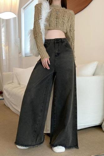 Real price 2022 winter new washed retro black gray wide-leg jeans women's high waist elephant leg pants tide