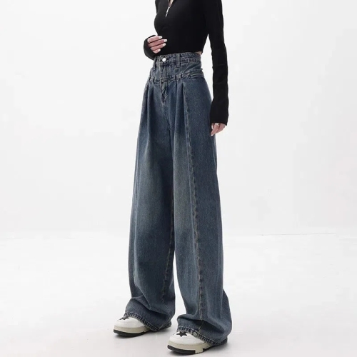 Denim wide-leg pants women's autumn looks thin thick legs cover the meat high waist loose ins foreign style drape washed old pants