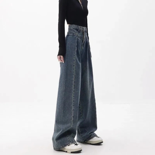 Denim wide-leg pants women's autumn looks thin thick legs cover the meat high waist loose ins foreign style drape washed old pants