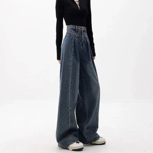 Denim wide-leg pants women's autumn looks thin thick legs cover the meat high waist loose ins foreign style drape washed old pants