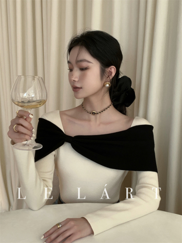 Lelart winter French gas celebrity style knitted sweater top women's new contrast color bow one-shoulder sweater