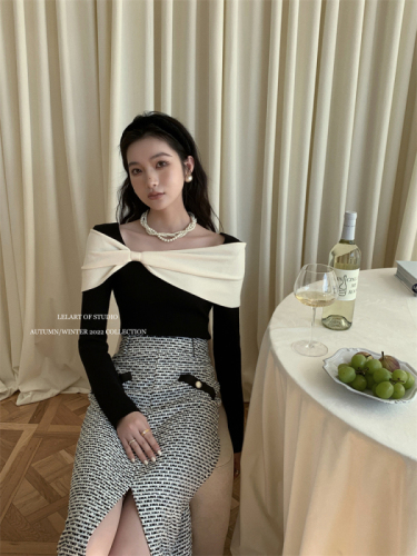 Lelart winter French gas celebrity style knitted sweater top women's new contrast color bow one-shoulder sweater