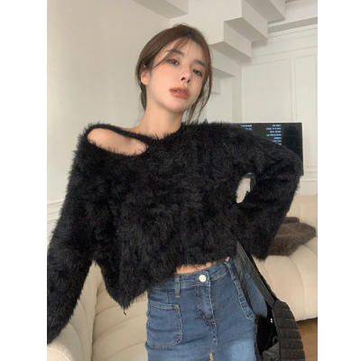 2022 new autumn and winter Korean style simple lazy wind warm soft waxy V-neck contrast color oblique buckle high-end sweater jacket