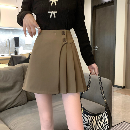 Real shot real price design sense double button pleated skirt high waist short skirt female 2022 autumn and winter new niche skirt