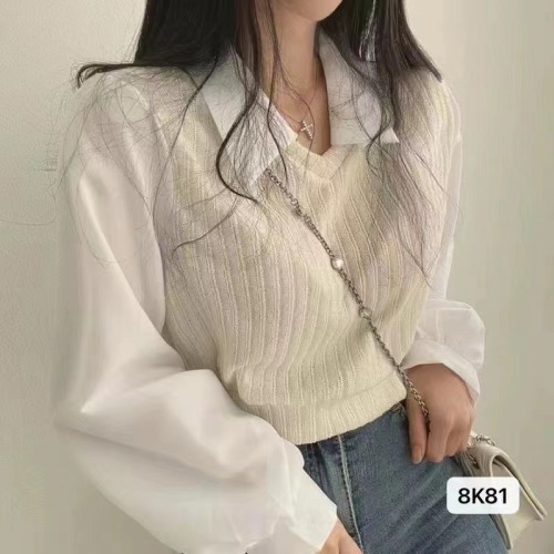 2022 autumn and winter new Korean style simple fashion temperament Polo collar shirt splicing long-sleeved top