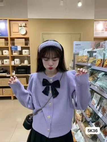  new Japanese style sweet taro purple bow knitted cardigan autumn and winter new small fragrant wind sweater jacket women