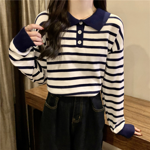 Loose knitted polo shirt thin section shoulder long-sleeved t-shirt women's trendy design sense niche spring and autumn inner bottoming shirt