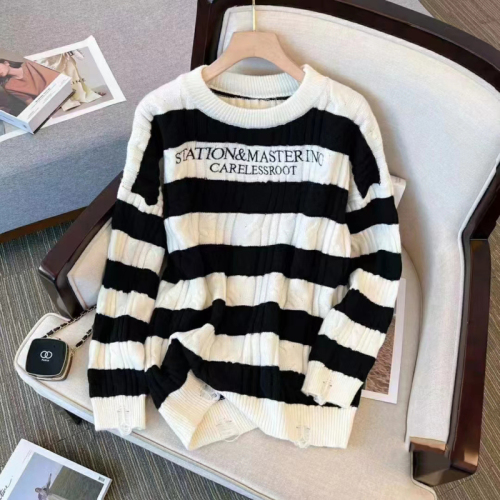 NECOYEP retro striped loose lazy couple long-sleeved pullover knitted top