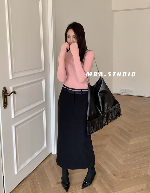 【MRA】High-quality thickened all-match waist stitching skirt T5109