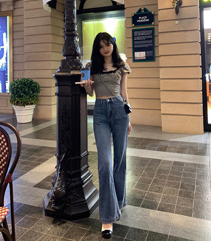 【WGWE】Vintage pocket all-match wide-leg high-waist petit bootcut jeans 2363# FHX