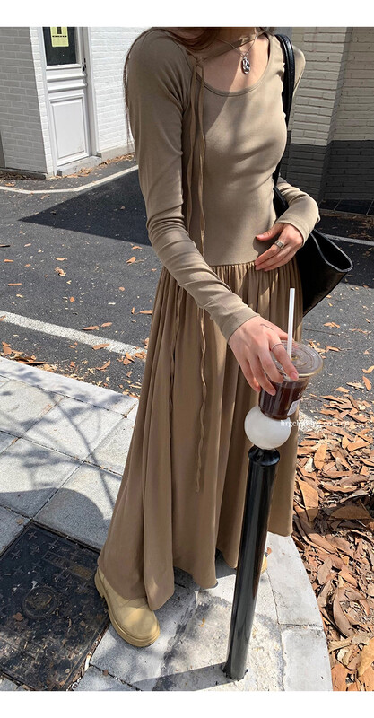 New in autumn!【WGWE】French style slanted collar Korean style slim and slim mid-length dress 2627# FHX
