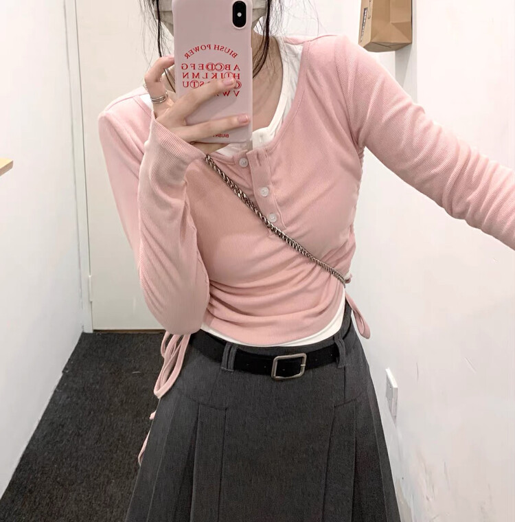[WGWE] All-match slim fake two-piece drawstring long-sleeved T-shirt 3009# FHX