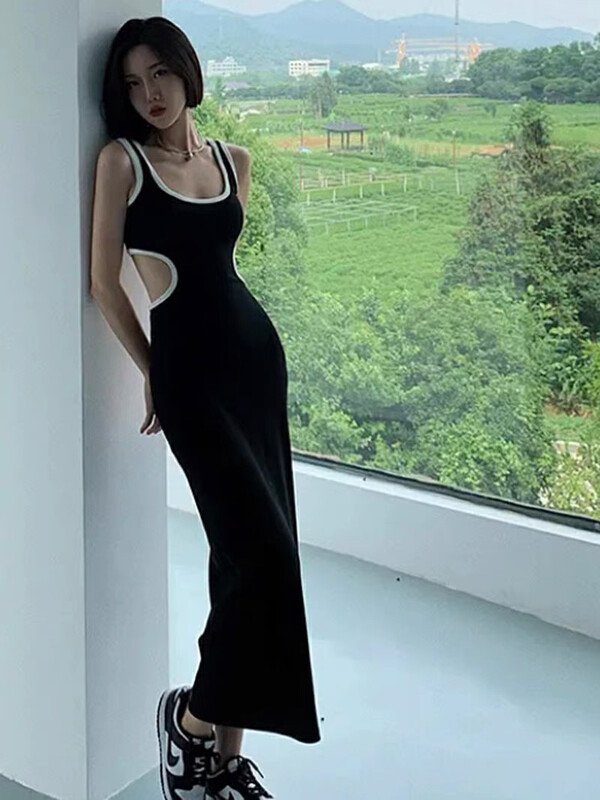 【WGWE】Spicy Girl Casual Showing Thin Sexy Contrasting Color Vest Long Dress 2334# FHX
