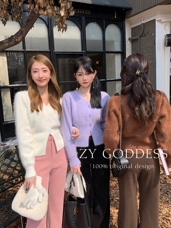 【ZY】Korean style long rabbit fur V-neck all-match cardigan jacket sweater S100