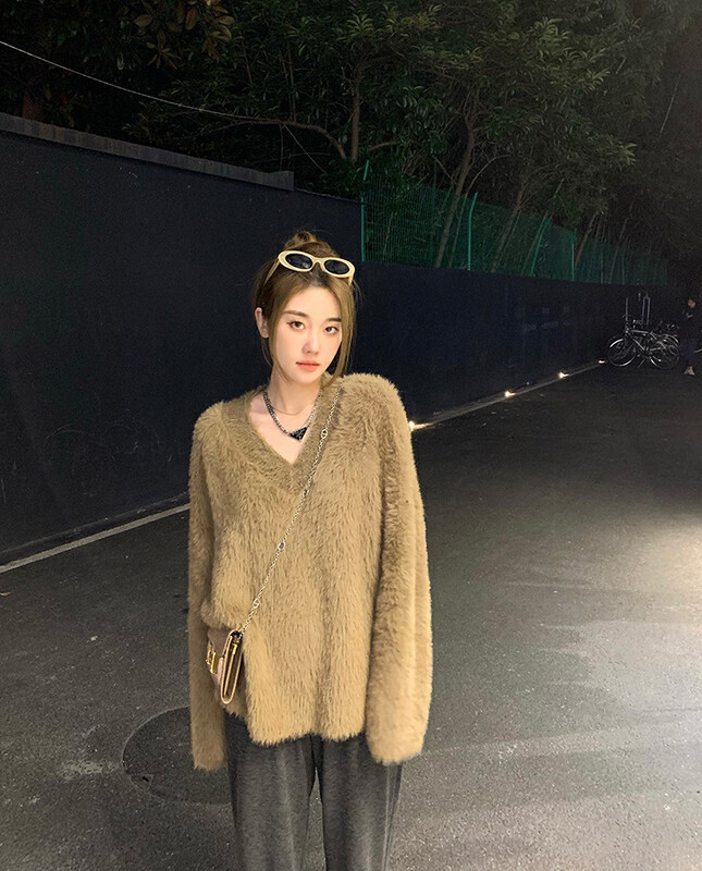 【BY】Korean style lazy fashion casual v-neck warm sweater 4141-1# PCZ