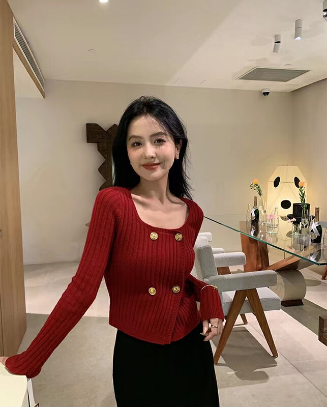 [ARE STUDIO] Temperament square collar double-breasted sweater 92619# OZQ