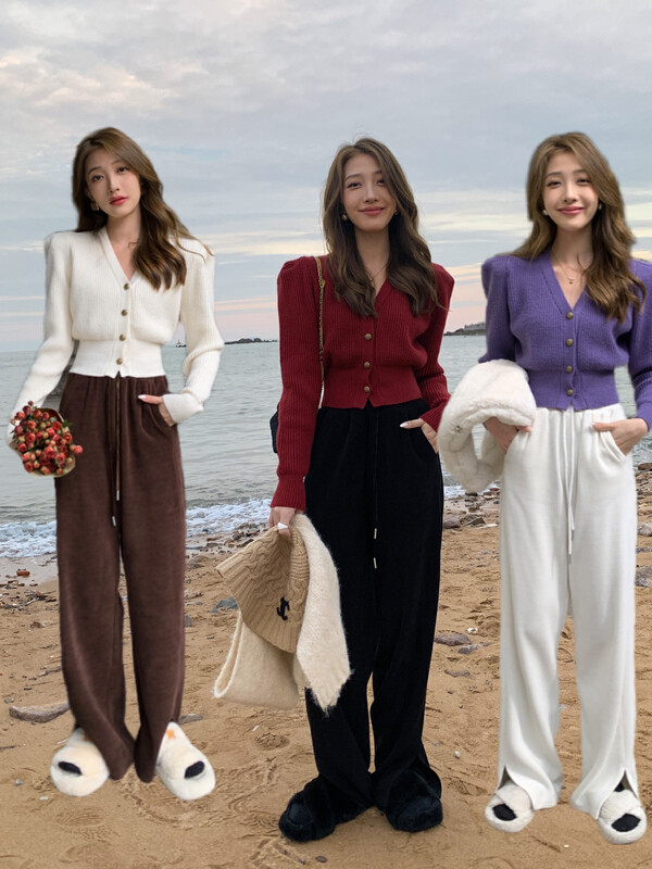 【ZY】Korean style loose solid color warm thick drawstring wide leg slit mopping pants casual pants 28190