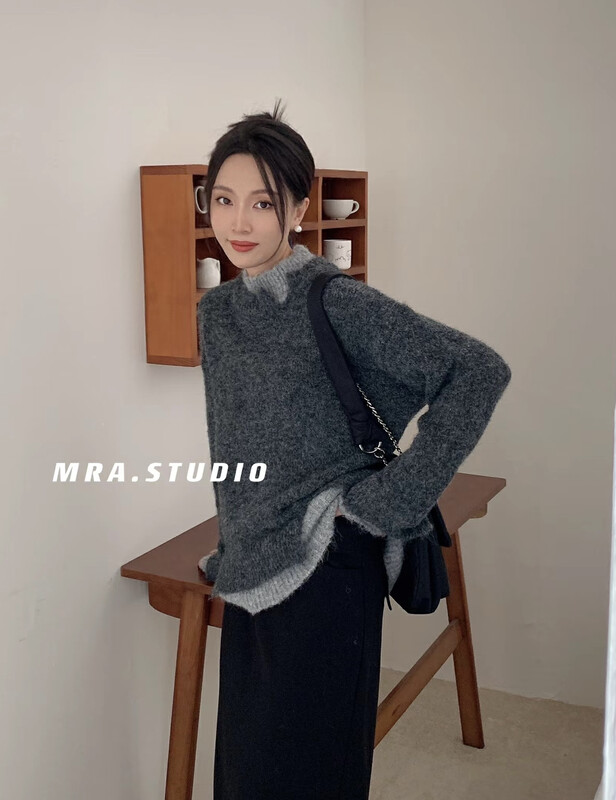 【MRA】Korean style loose warm stitching contrast color sweater DH315