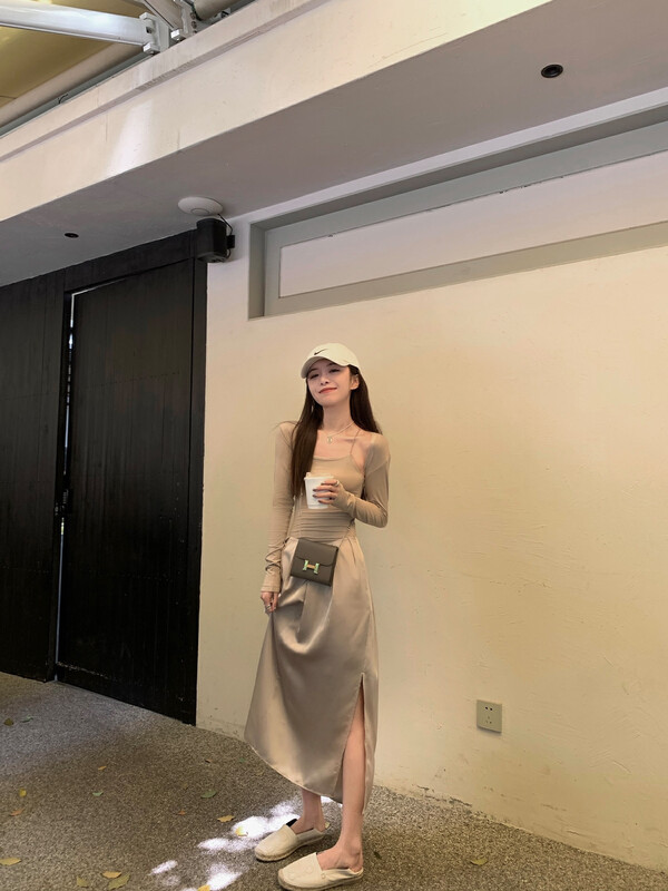 Original price 71.06! [WGWE] Spice girl new Chinese style splicing suspender dress + knitted sunscreen shawl suit 2292# FHX