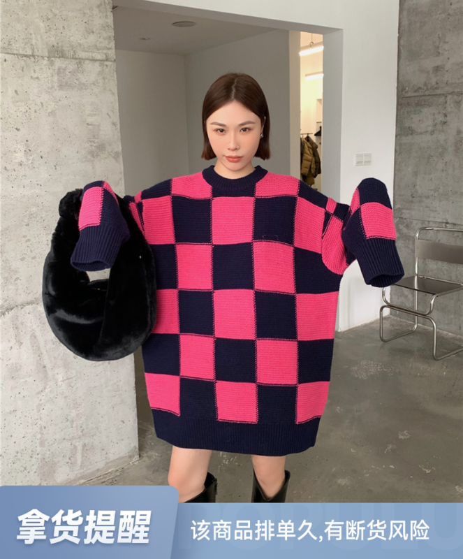[DTU] round neck loose checkerboard warm sweater 52531# LSL