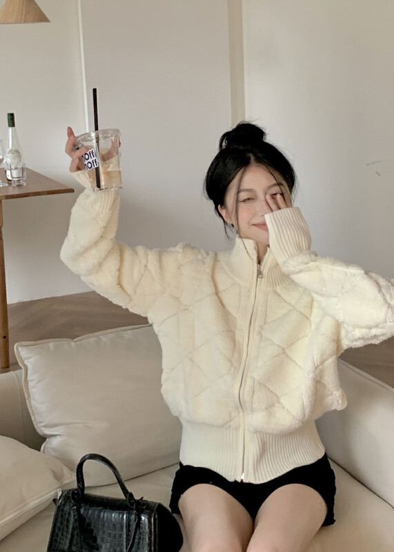 【WGWE】White soft waxy rhombus long-sleeved gentle style high-quality knitted cardigan 3086# FHX