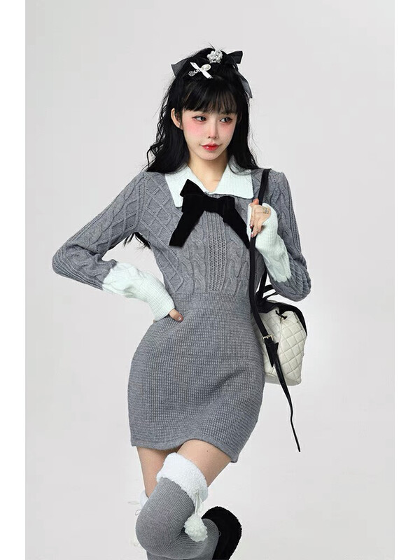 【BY】College style polo collar with long-sleeved sweater skirt and hip wrap dress (with bow) 0277# HJY