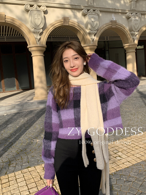 【ZY】Korean style thickened mohair plaid contrasting color round neck pullover short knitted sweater (thickened 100% mohair) S102