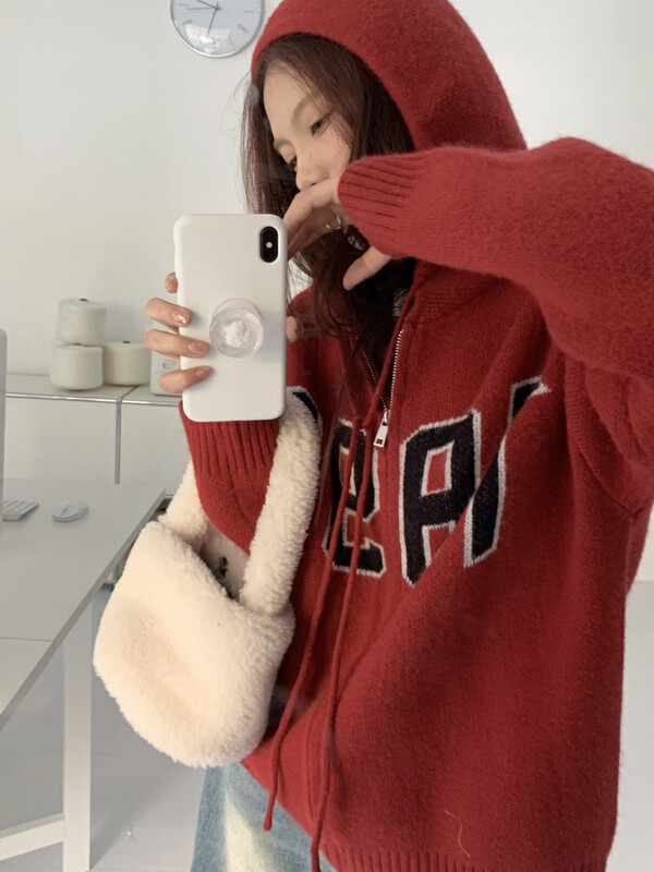 【BY】Letter embroidery zipper hooded knitted cardigan 784-1# HJY