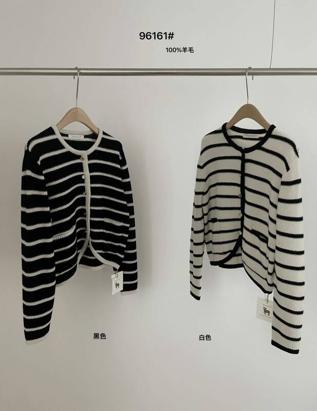 New winter models!  【WANNA OUR】Round neck single-breasted striped knitted cardigan (100% wool) 96161# ZXL